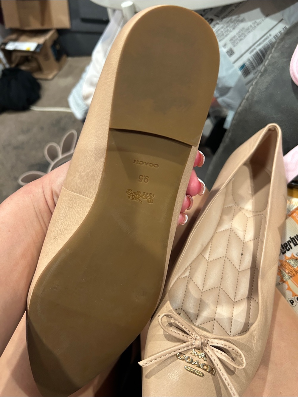 Coach Nude Leather Ballet Flats with Bow and Gold Logo - Picture 3 of 4